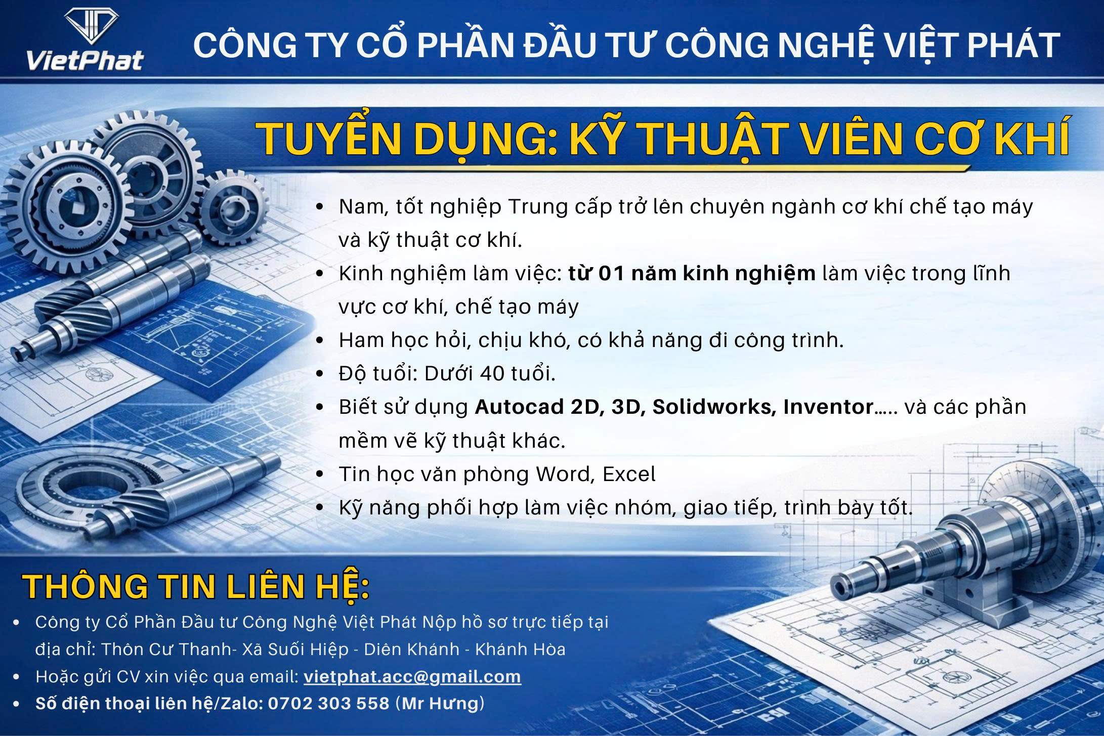 VIỆT PHÁT TUYỂN DỤNG – KỸ THUẬT VIÊN CƠ KHÍ