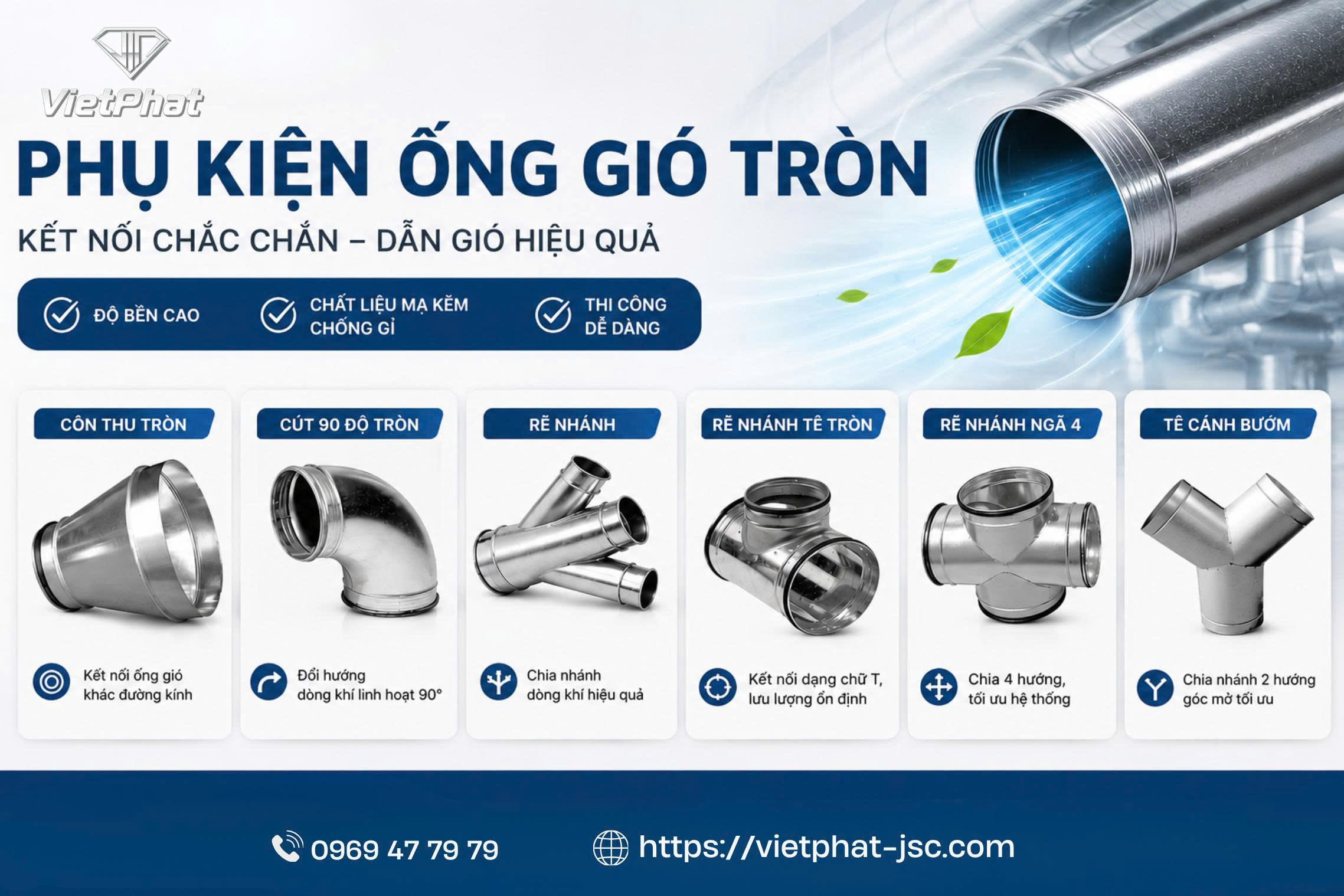 PHỤ KIỆN ỐNG GIÓ TRÒN VIỆT PHÁT – GIẢI PHÁP TỐI ƯU CHO HỆ THỐNG THÔNG GIÓ